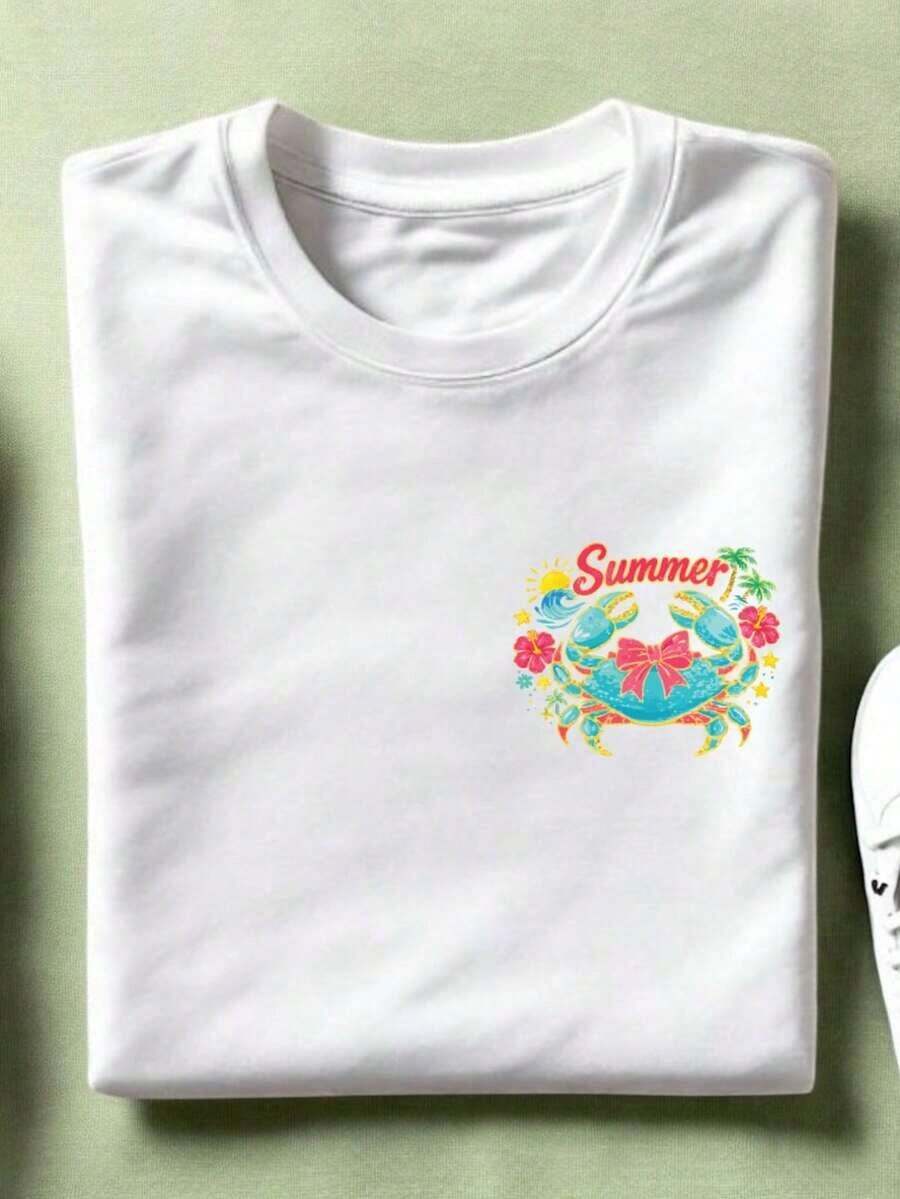 1 Summer T-Shirt With Crab Print, Crew Neck Summer Tee, Pool Party Outfit, Family Trip Gift, Matching Short Sleeve Graphic Print For Best Friends And Cousins. TC-3843180g 100% Cotton - 白色 - 查看 1