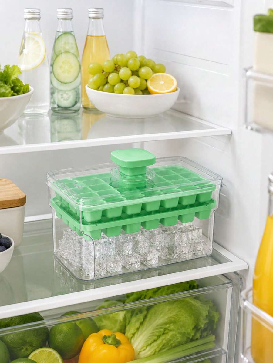 1 Set Double-Layer Ice Cube Tray With Storage Box, Plastic Easy Release Ice Maker Mold With Lid, Stackable Ice Cube Trays, Suitable For Kitchen Storage, Kitchen Accessories, Summer Beverages, Iced Coffee, Holiday & Party Essentials