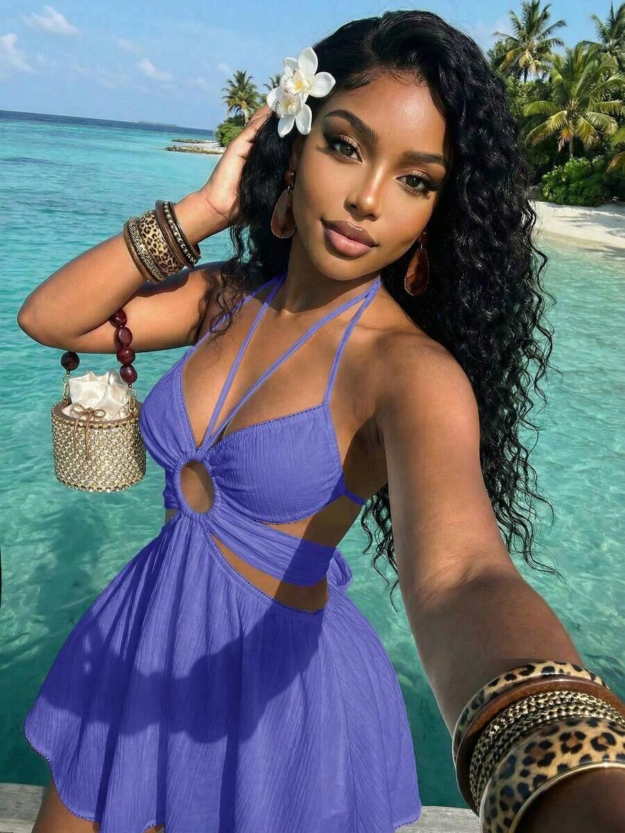 Vestido corto de mujer de crepé blanco con escote halter, encaje, parches y falda paraguas calada, versátil, casual y elegante, adecuado para vacaciones, viajes, playas, zonas costeras, piscinas, yates, tomar el sol, lindo y dulce - azul real - Ver 1