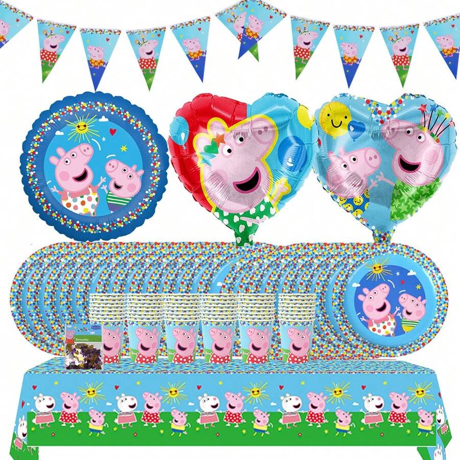 小豬佩奇派對套裝 Wimpelkette Teller 紙盤杯 Becher Servietten 灑水裝飾品 Folien Ballons Pappteller 70 件/套 - PF-WEM-09 - 查看 1