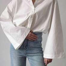 Camisa casual de mujer de unicolor elegante con cuello vuelto y manga larga, de tela de poliéster, adecuada para la oficina y el uso diario, primavera/verano - Albaricoque - Ver 5