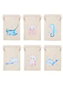 6pcs Drawstring Gift Bags, Ocean Animal Theme, Shark, Whale, Jellyfish And Seahorse Fun Patterns, Suitable For Baby Shower, Birthday Party And Ocean Theme Events - Multicolor - View 9
