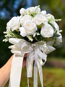 10-Inch Heart Crystal Bridal Bouquet, Lace Bow Silk Rose Wedding Ceremony Prop, Graduation Prom Gift - Multicolor - View 15
