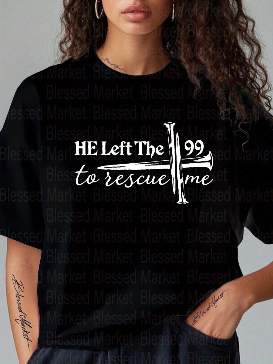 100% Polyester Fiber, Women's T-Shirt With The Phrase "He Left The Nine And Ninety", Scripture From Matthew 18:12-14 - Short Sleeve T-Shirt, Round Neck, Oversize Style, With Jesus Print, Religious Clothing, Church Attire, Casual Wear. - 黑色 - 查看 1