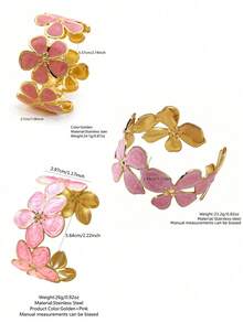 3 PIEZAS Pulseras de acero inoxidable para mujer con diseño minimalista de moda vintage elegante, forma de flor de plumeria/flor de cuatro hojas asimétrica, adecuadas para uso diario/fiesta/banquete nocturno/desplazamiento/té de la tarde/pueden ser un regalo festivo para seres queridos - Amarillo Oro - Ver 2