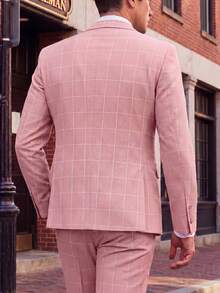 Mens 3 Pieces Suit Set Plaid Slim Fit  Checked Casual Tuxedo Formal Suits For Men Wedding Business Party Blazer Vest Pant - Hồng - Xem 3
