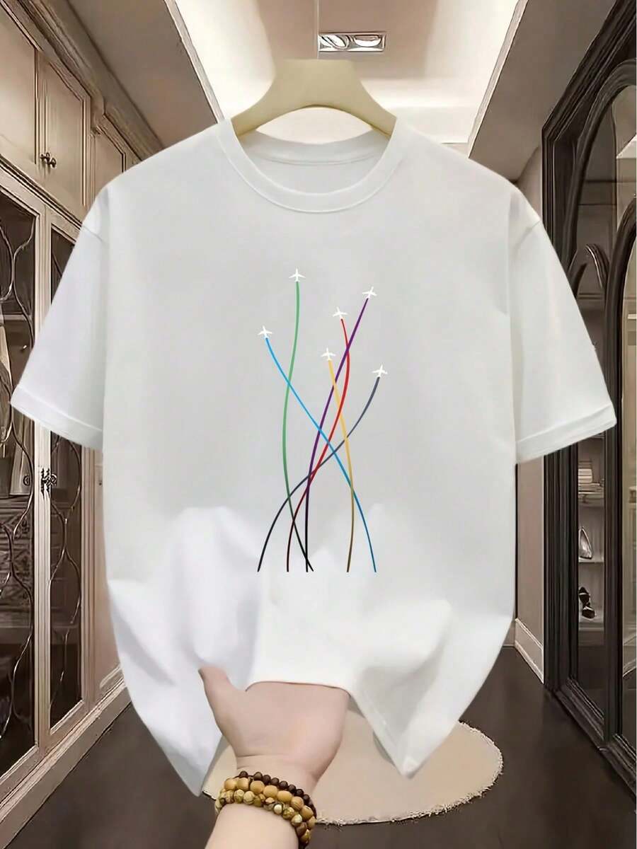 Short-Sleeved T-Shirt With Colorful Airplane Print - 白色 - 查看 1