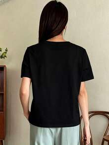 Camiseta con gráfico de dibujos animados y letras, estilo preppy - Negro - Ver 2