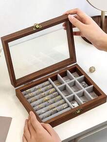 Vintage Walnut Wood Jewelry Box, Drawer Style Jewelry Organizer Box For Rings, Earrings, Necklaces, Bracelets, Elegant Transparent Plastic & Velvet Drawers Jewelry Storage Box - Multicolor - View 8