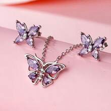 Butterfly Trio Jewelry Set - Amethyst Birthstone Necklace, Earrings, And Ring Series, Suitable For Daily And Birthday Surprises - Purple - View 12