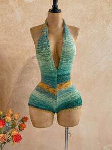 - Mono de punto con cuello halter sexy y escote en V profundo con efecto tie-dye para mujer - Naranja - Ver 9