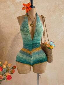 - Mono de punto con cuello halter sexy y escote en V profundo con efecto tie-dye para mujer - Naranja - Ver 8