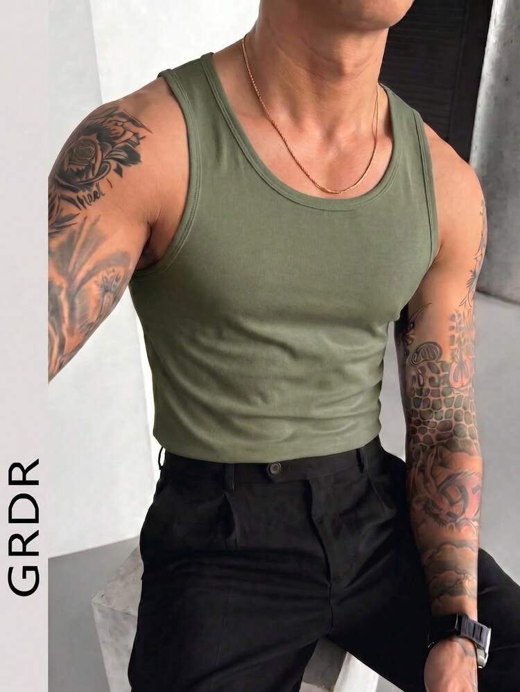 GRDR 男士夏季无袖纯色修身背心，运动休闲两相宜 - 軍綠色 - 查看 2