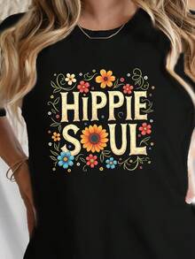 Women's Casual Short-Sleeved T-Shirt With A Hippie-Inspired Design And Peace Symbol, Perfect For Spring And Summer. ZVRI - Black - View 6
