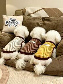 Striped Puppy Sleeveless Shirt - Soft Elastic Pet Vest With Contrasting Brown Trim, Multi-Color (Yellow/Brown/Beige) Small Breed Pet Clothing, Suitable For Indoor Leisure, Outdoor Walks And Fashionable Pet Photography Comfortable Daily Wear - Multicolor - View 11