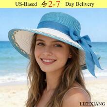 Stylish Straw Hat With Bowknot,Hats For Women,Beach Hats For Women,Elegant Women's Sun Hat, Beach Sun Protection Hat, UV Protection Hat - 淺藍色 - 查看 1