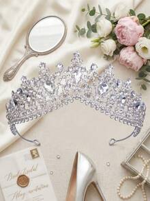 1pc Elegant Crystal Bridal Crown, Silver Rhinestone Princess Hair Accessory For Wedding, Prom, Birthday Party - Silver - View 5
