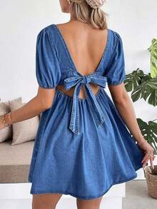 Vestido corto de maternidad de mezclilla azul con mangas de pétalo - Azul 2 - Ver 4