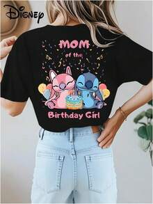 Genuine Licensed Birthday Celebration Stitch And Angel Printed Soft And Skin, Disney Cotton T-Shirt - 黑色 - 查看 3