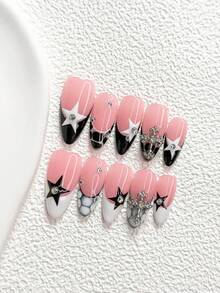 10pcs Minimalist Handmade Nail Art Set, Stamping Nail Stickers, Cross-Shaped Nail Decor, Hand-Painted Pentagram Nail Decorations, Black & White Nail Polish, Stylish Design, Includes Nail Tools (1 Jelly Sticker + 1 Nail File), 3 Sizes Available: Almond, Duck Mouth, Coffin Shape, Suitable For Parties, Daily Wear, Parties, Photography, Spring/Summer Commute Nails Handmade Press On Nails - Multicolor - View 3