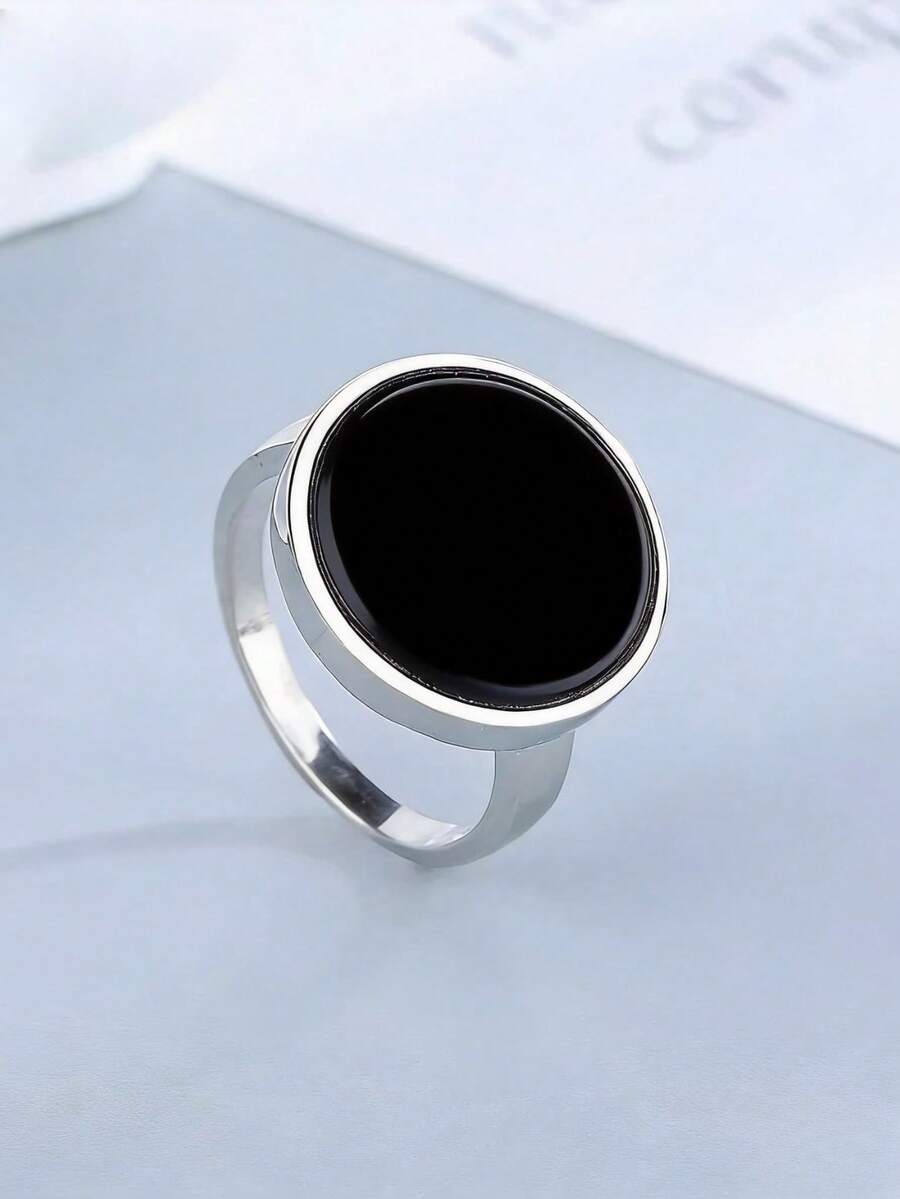 BelovedOcean Nhẫn đá mã não đen tự nhiên 15mm, thiết kế đơn giản dễ thương, trang sức dự tiệc tinh tế dành cho nữ, phong cách Boho thủ công độc đáo, quà tặng trang sức cho người yêu và các cặp đôi. - màu đen - Xem 1