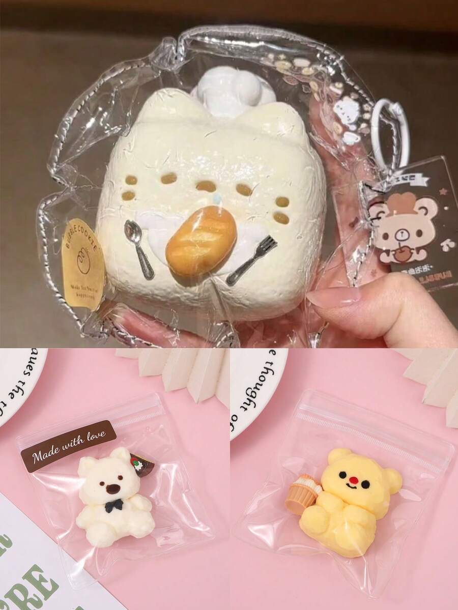1个厨师猫慢回弹玩具，小熊厨师慢回弹玩具，慢回弹减压玩具，硅胶奶油粘土材质，手工制作，适合女孩、青少年，可作为减压玩具，是完美的生日礼物、节日礼物、圣诞礼物和复活节礼物之选。