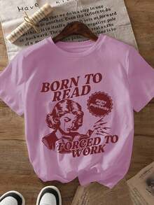 1 pieza Camiseta Gráfica para Mujer "Nacida para Leer, Obligada a Trabajar" - Camiseta con Diseño Vintage para Amantes de los Libros - Ilustración Retro de Mujer, Cuello Redondo Suave y Elástico - Top Casual de Manga Corta, Ropa Casual, Lavable - Ropa de Trabajo de Ajuste Cómodo, Sudadera de Estilo Minimalista, 180g Algodón 100% - Negro - Ver 8