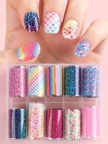 10 Rollen Blumen- & Leoparden-Muster Nageltransfer-Folie, Y2K Regenbogen, Herz, Schmetterling, Zebra Nagel-Foliensticker, klassisch eleganter Sternenhimmel Komplett-Wrap DIY Nagel-Sticker, Frühlings-/Sommer-Nagel-Accessoires für Frauen & Mädchen - Verschiedenfarbig - Übersicht 2