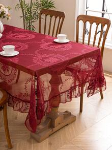 1pc French Elegant Floral Lace Trim Tablecloth, Countryside Fresh Decor - Burgundy - View 3