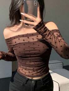 Blusa elástica de malla transparente con hombros descubiertos, para primavera/verano - Marrón 2 - Ver 1