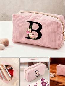 Customized A-Z Letter Corduroy Pencil Case, Customized Initial, Back To School Essential Pencil Bag, Valentine's Day Gift Makeup Bag, Ramadan Gift Choice, Large Capacity Travel Cosmetic Organizer (Smooth Zipper), Fresh And Cool Pink & White Letter Print Design, Lightweight And Foldable, Portable And Easy To Store, Thoughtful Gift For Girlfriend/Bridesmaid, Durable Toiletry Organizer For Home And Travel, Popular Back To School Gift - Multiple Styles - View 5