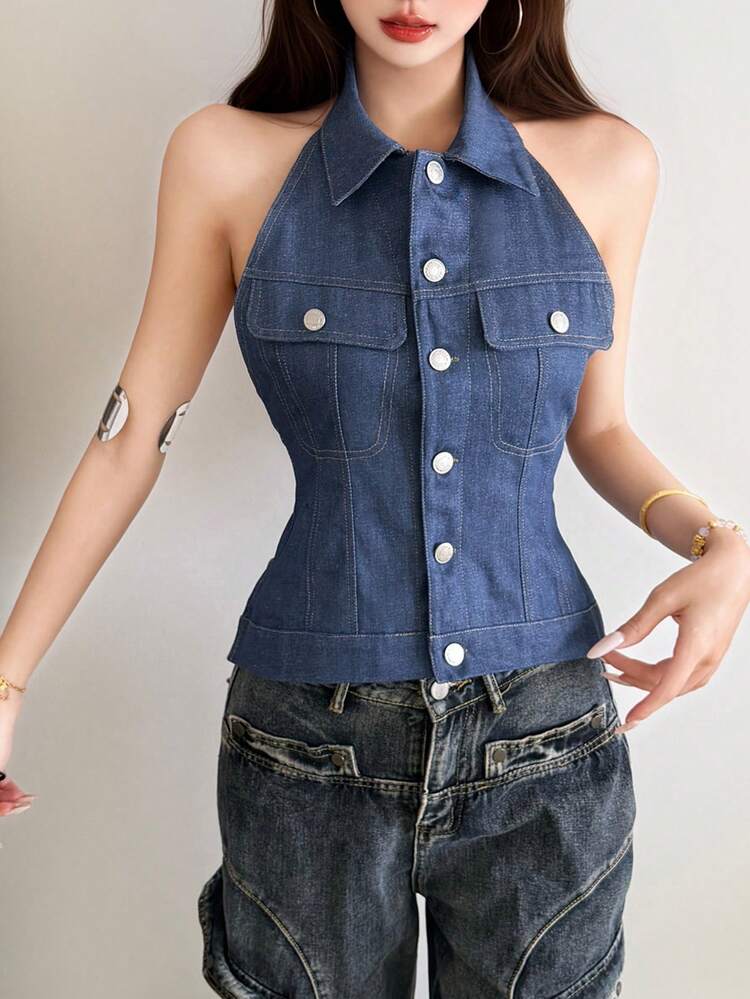 Áo croptop denim hở lưng YeonC dành cho nữ, thiết kế hở lưng cài nút phía trước thời trang, áo tank top co giãn cao, trang phục thường ngày, áo tank top phong cách đường phố cá tính dành cho nữ. - Màu xanh lam - Xem 5