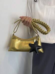 1pc Women's Shoulder Bag, Unique Strap Design, Shoulder Baguette Bag, With Star Charm Accessory - Gold - View 2