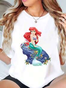 Mermaid Ariel Princess Print Disney Women T Shirt Round Neck Short Sleeve Casual Summer Wear For Everyday And Birthday Gifts Soft Comfortable 220g - trắng - Xem 1