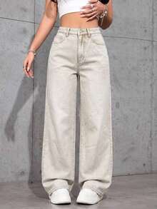 Women's Pocketed Wide Leg Relaxed Casual Denim Jeans - Màu Khaki - Xem 12