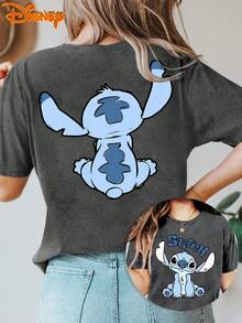 Camiseta de mujer de Disney Lilo y Stitch - Stitch auténtico (Lilo y Stitch) Parte superior de manga corta con estampado doble cara, blusa casual de cuello redondo apta para primavera, verano, otoño, uso diario, atuendos de vacaciones, tallas S-XXL - Gris Oscuro - Ver 1