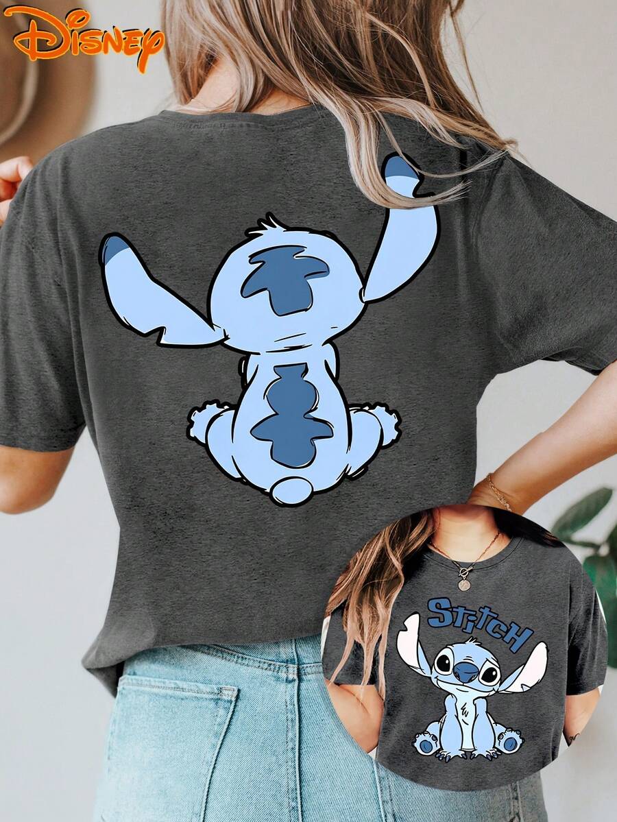 Camiseta de mujer de Disney Lilo y Stitch - Stitch auténtico (Lilo y Stitch) Parte superior de manga corta con estampado doble cara, blusa casual de cuello redondo apta para primavera, verano, otoño, uso diario, atuendos de vacaciones, tallas S-XXL - Gris Oscuro - Ver 1