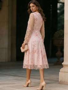 1 buah Gaun Wanita Elegan, Gaun Leher Persegi Bordir Jala untuk Liburan - Baby Pink - View 2