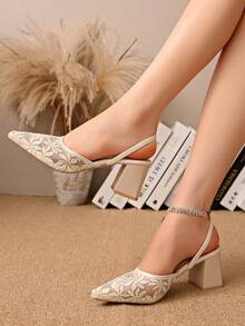 Nuevos zuecos de tacón alto estilo chino en color blanco, sandalias convertibles con punta puntiaguda y bordado de encaje para mujeres - Beis - Ver 3