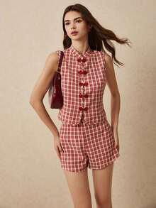 Conjunto de 2 piezas para mujer con chaleco sin mangas y minifalda, conjunto informal y elegante para el verano, atuendos lindos para mujer, nuevo conjunto de top y pantalón corto estilo chino, traje de tela a cuadros rojos y blancos - Rojo - Ver 4