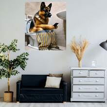 Póster e impresión plano 2D de perro pastor alemán, 1 pieza - Arte humorístico de teléfono cepillándose en el inodoro, apto para regalos de regreso a clases y graduación, pintura moderna en lienzo sin marco para decoración de sala, dormitorio, baño - Arte de pared peculiar de pastor alemán, plano 2D - Enmarcado - Ver 5