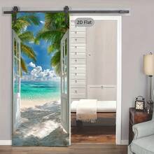 1/2pcs Tropical Style Door Sticker, Beach Scenery Door Decal, Ocean Paradise Door Decor, Fashionable Door Art, Retro Door Wallpaper, Modern Home Decor Door Sticker, 2D Flat - A - View 4