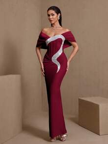 Jacquard Strapless Long Mermaid Dress With Oversized Bow, For Party & Evening Gown - Burgundy - View 5