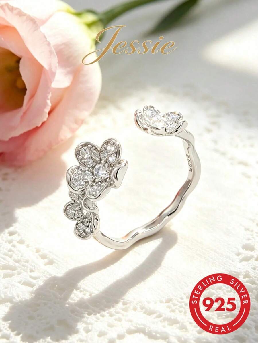1 chiếc nhẫn có thể điều chỉnh bằng bạc 925 thanh lịch, quyến rũ, độc đáo và lãng mạn đính đá Zirconia nhân tạo, thích hợp cho các buổi hẹn hò, tiệc tùng, đeo hàng ngày, khoe nét quyến rũ, món quà tuyệt vời cho ngày lễ tình nhân - Bạc - Xem 1