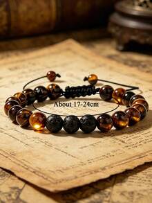 Natural Tiger Eye & Lava Stone Adjustable Bracelet Bohemian Style Vintage Men's Jewelry Gifts, For Vacation Grounding, Healing Energy, Protection - Multicolor - View 3