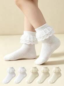 5 Pasang Kaos Kaki Dansa Katun Bernapas Berbahan Jala Warna Polos untuk Anak Perempuan, Kaos Kaki Kasual Gaya Putri dengan Hiasan Renda untuk Balita - MultiWarna - View 10