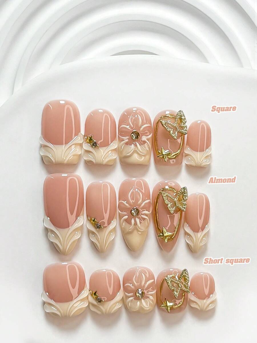 10pcs Luxury Handmade Nail Art Stickers, Including Gold Butterfly, Gold Star, Starburst Pattern And Champagne Round Diamond Decor, Can Be Shaped Into 5-Petal Flower And Water Drop Pattern, Comes With Yellow Nail Polish And Nail Art Tools (1pc Jelly Sticker + 1pc Nail File), Suitable For Square, Short Rectangular And Almond Shaped Nails, Perfect For Parties, Daily Wear, Gatherings, Photoshoots, Spring/Summer Commuting - Multicolor - View 1