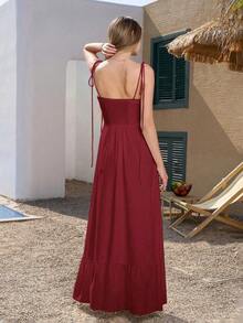 PARTHEA Vestido largo blanco elegante de verano con Body ceñido, escote espalda descubierta, fruncido y volantes - Rojo - Ver 2