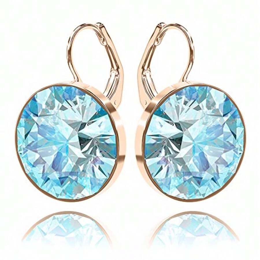 arete de solitario para mujer, adornados con cristales austriacos, caída de palanca, perfectos para cualquier ocasión, regalo ideal para mujeres - Chapado en oro aguamarina, 10 mm - Ver 1
