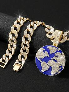 1 buah Kalung Liontin Bumi Kreatif Bertabur Berlian Sepenuhnya dari Paduan Logam, Perhiasan Unik Cocok untuk Pemakaian Sehari-hari Pria dan Wanita - Kalung Liontin Bumi - View 4